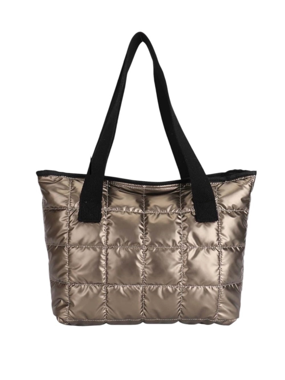 Quilted Metallic Tote Bag in Bronze with Black Straps